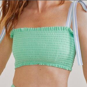 Minnow Palm Green Smocked Bikini Crop Top with Striped Ties